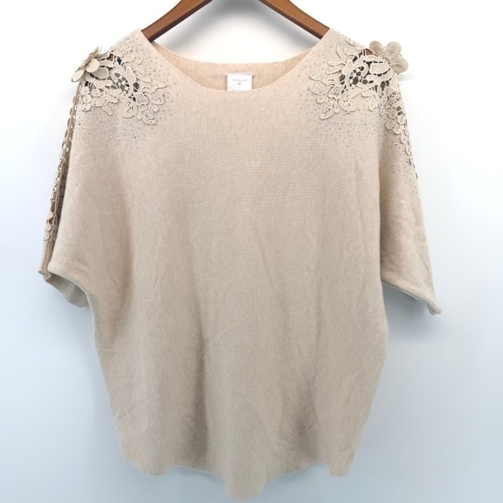 Luna Womens Beige Pink Crochet Lace Rhinestone Dolman Sleeve Sweater Size M Chic